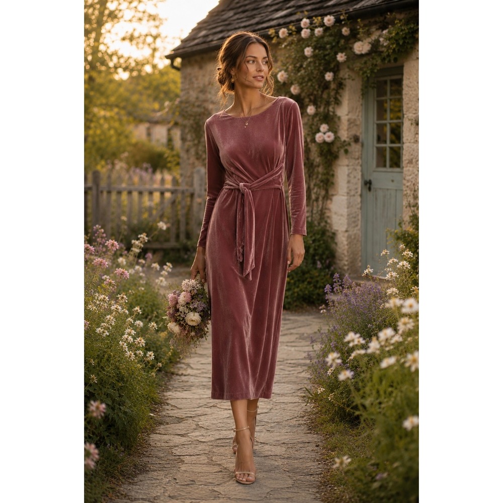 Adrianna Papell Dusty Rose Velvet Midi Dress with Waist Tie
